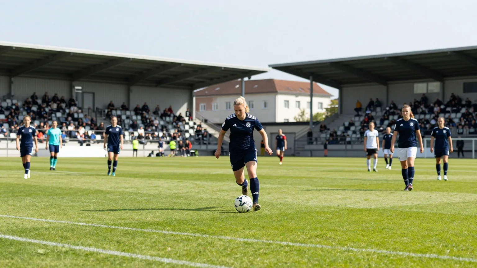 Frauenfußballspiel an einem sonnigen Nachmittag, eine Stürmerin läuft mit dem Ball, Zuschauer auf den Rängen