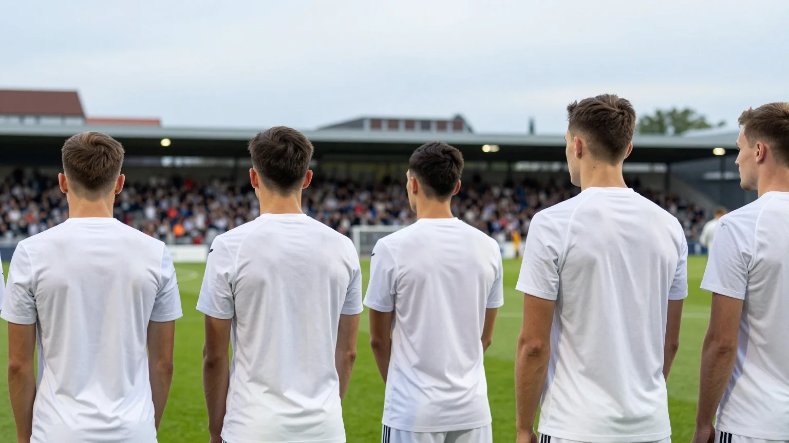 Spieler in weißen Trikots stehen vor dem Anpfiff nebeneinander auf dem Rasen, von hinten gesehen, volles Stadion